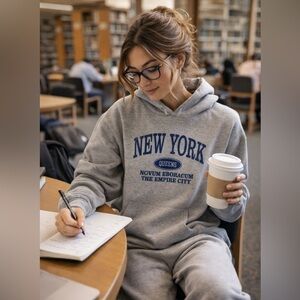 SHEIN Gray New York Queens Graphic Hoodie Size S Empire City Print